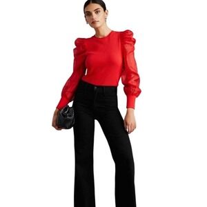 Dolan Left Coast Collection Red Ribbed Knit Top Sheer Puff Sleeves Small